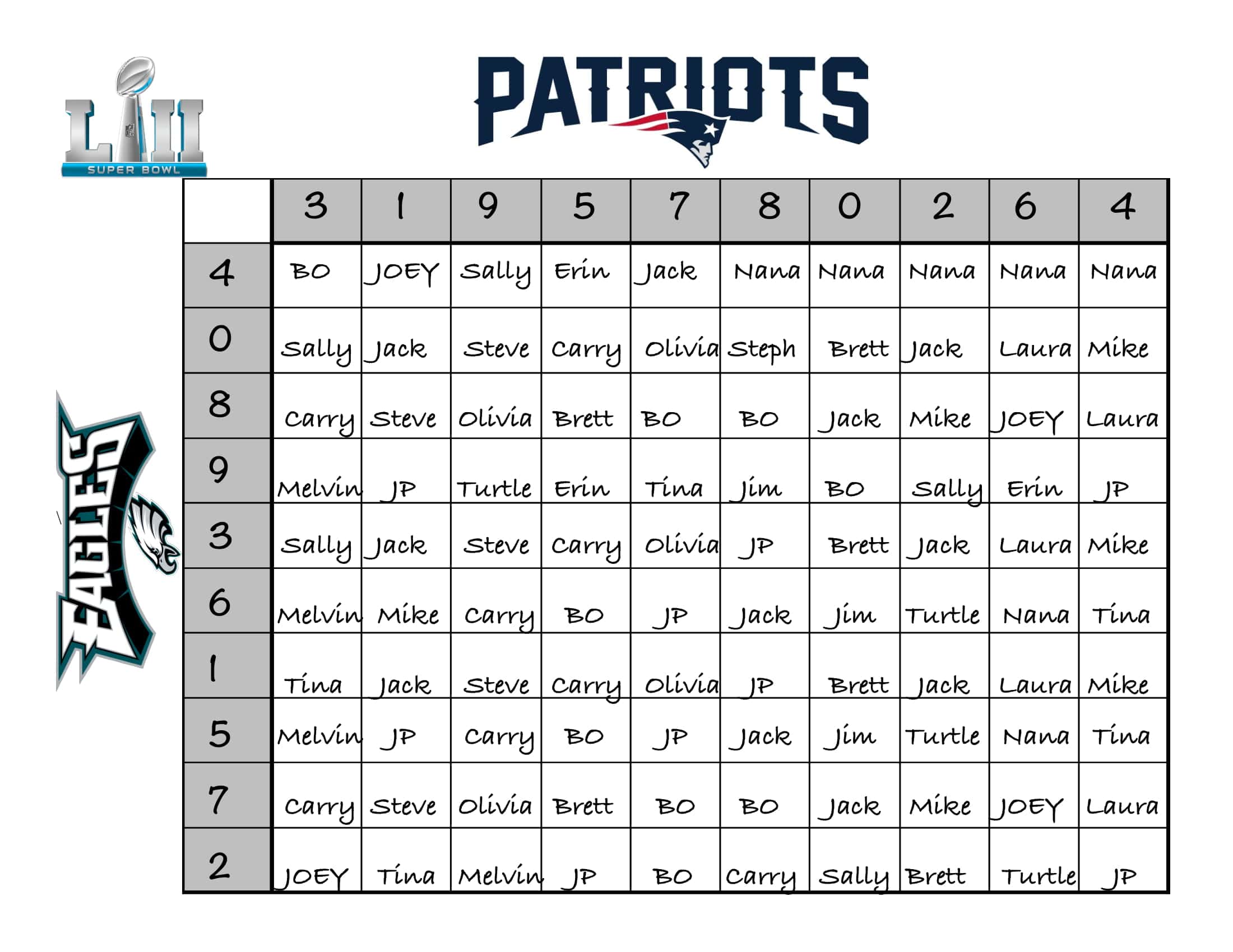 Example fun super bowl betting board with squares and names.